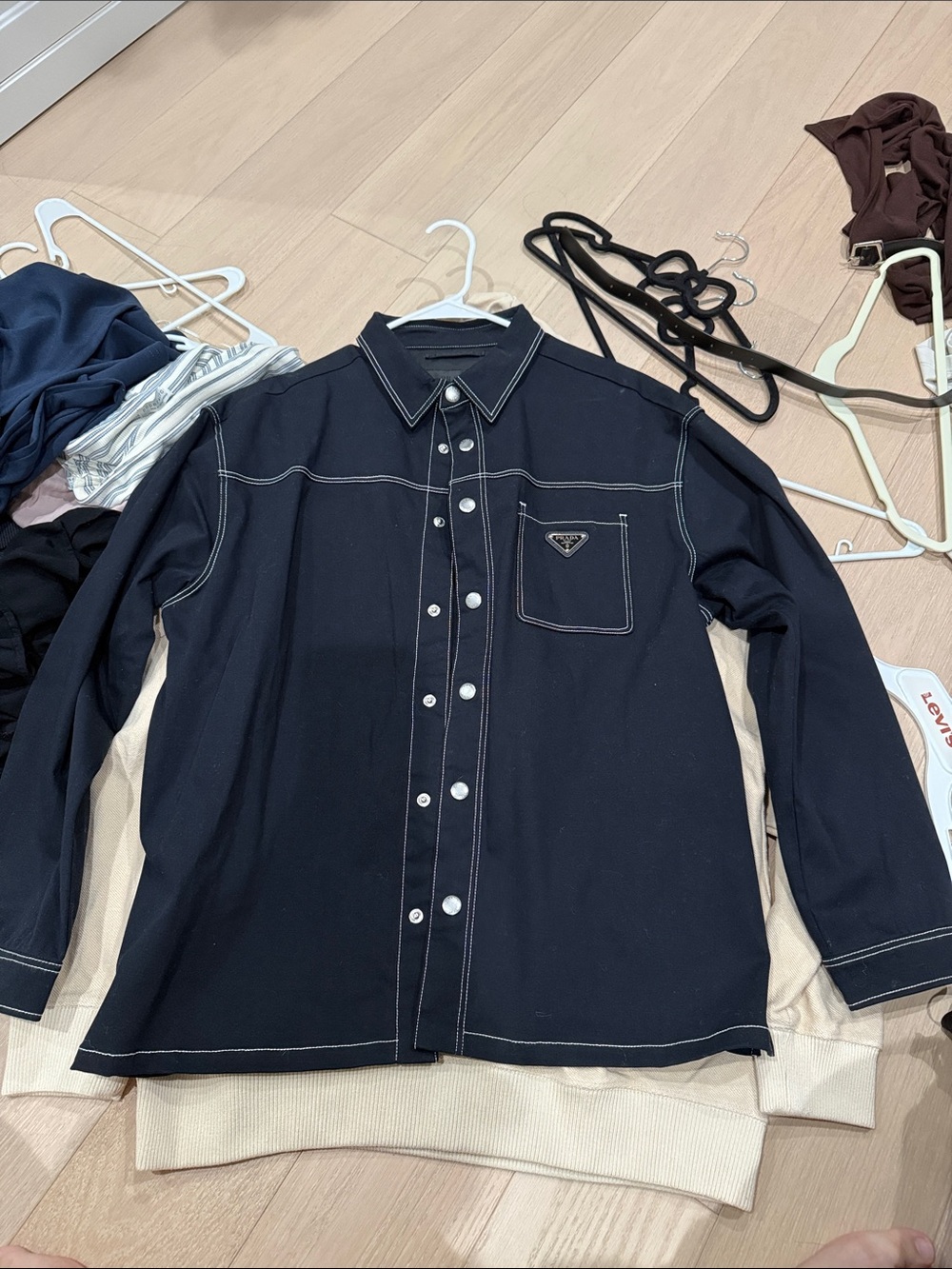 Men's Black Contrast-Stitch Button-Up Jacket